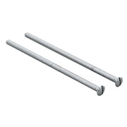 Two chrome-plated threaded screws with flat heads on white background.