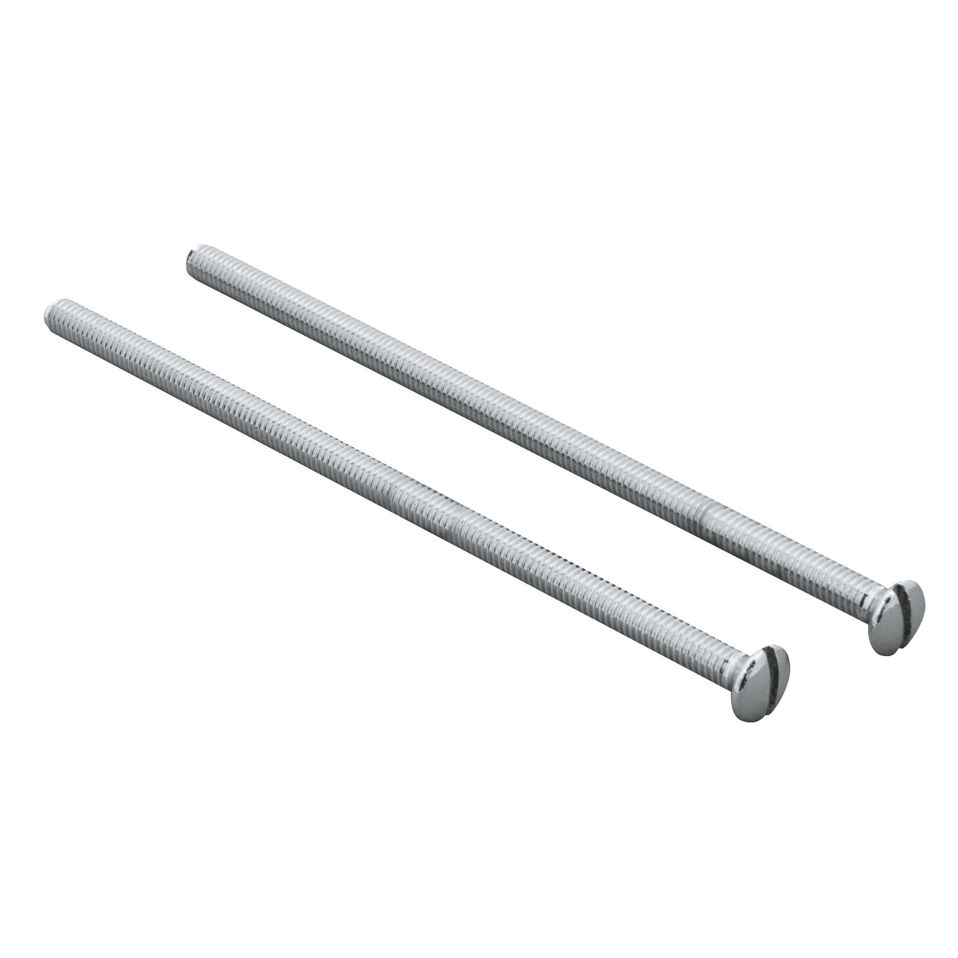 Two chrome-plated threaded screws with flat heads on white background.