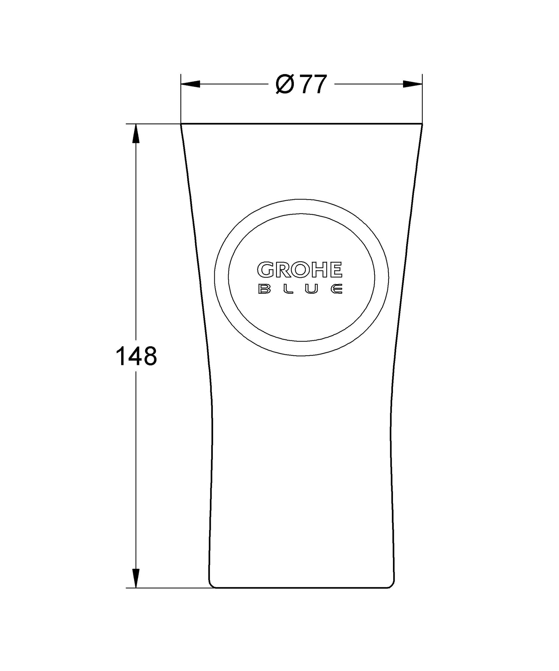 Technical drawing of a tall glass with 77mm diameter and 148mm height, featuring GROHE Blue logo.