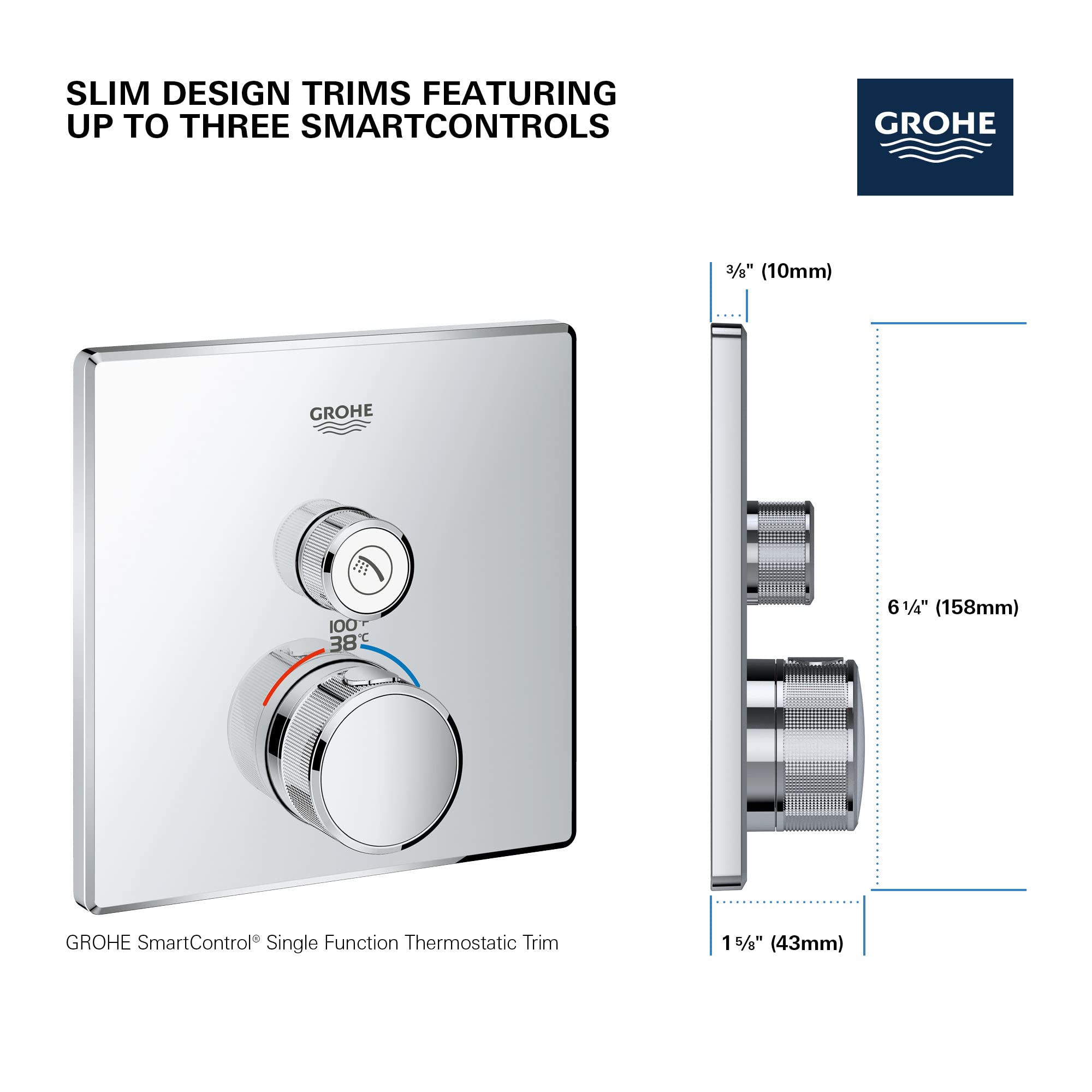 Grohe brushed nickel thermostatic valve trim with square plate, circular control knob, and temperature dial.