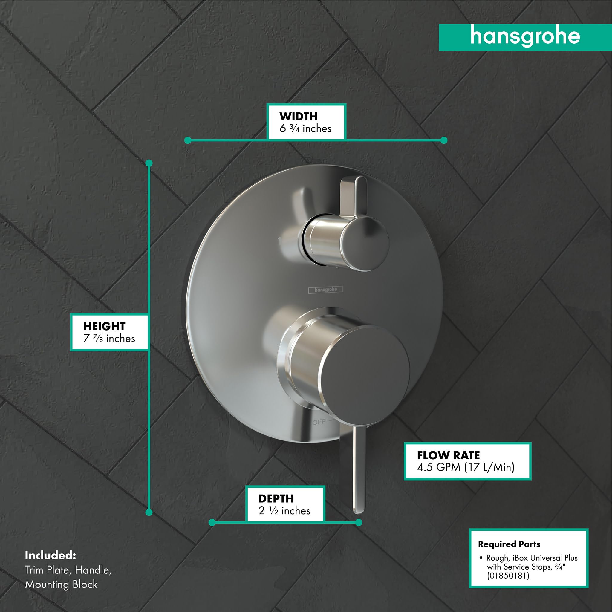 Chrome pressure balance shower trim with round plate, single handle lever, and diverter control mounted on tile wall.