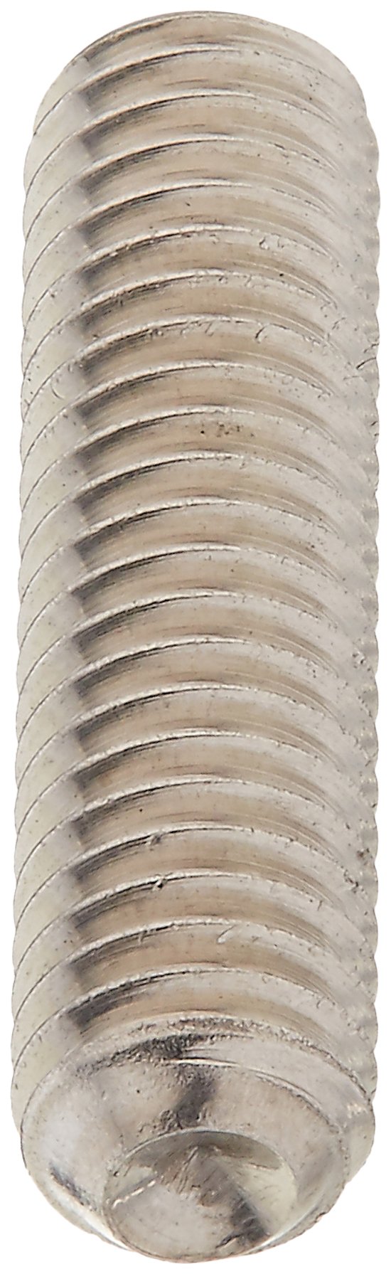 Cylindrical metal set screw with threaded grooves and a recessed hex socket at the base.