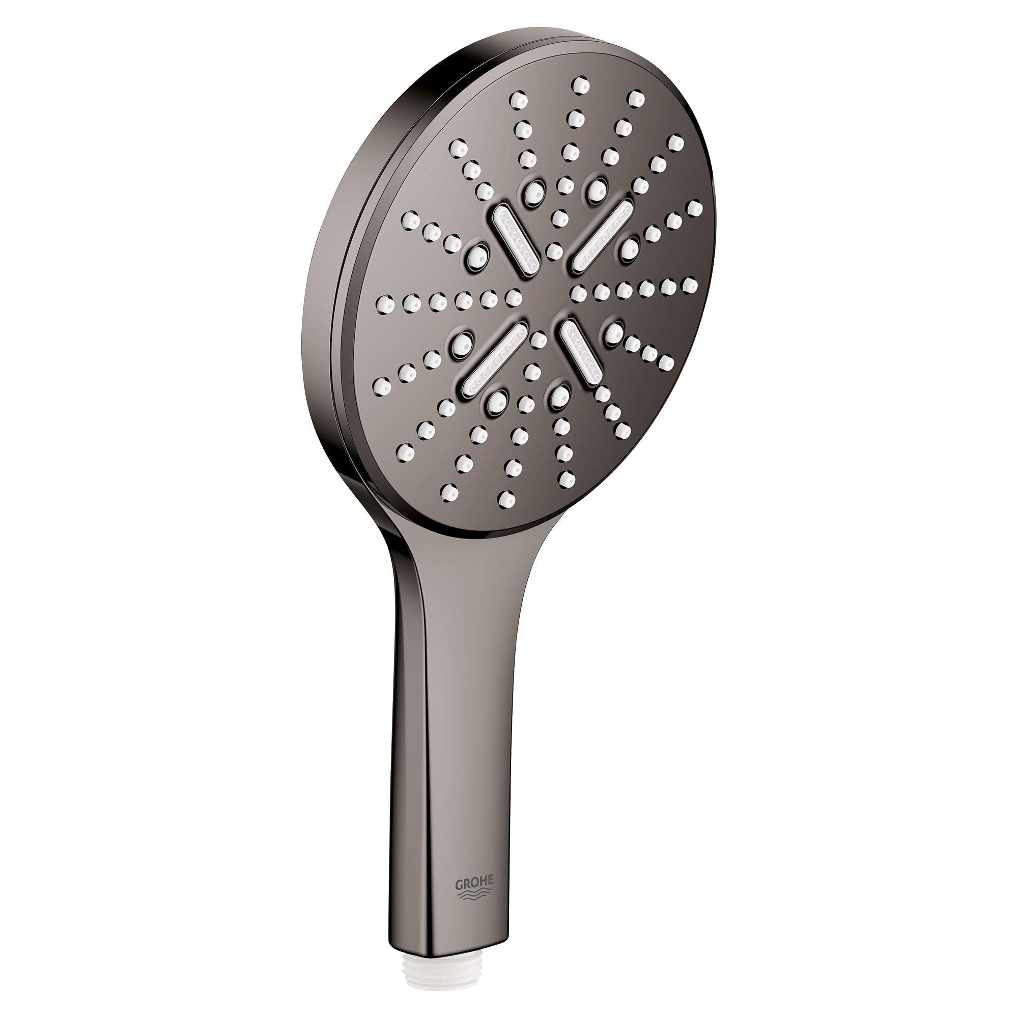 Dark gray hand shower with circular head featuring multiple spray holes and cross-shaped spray channels.