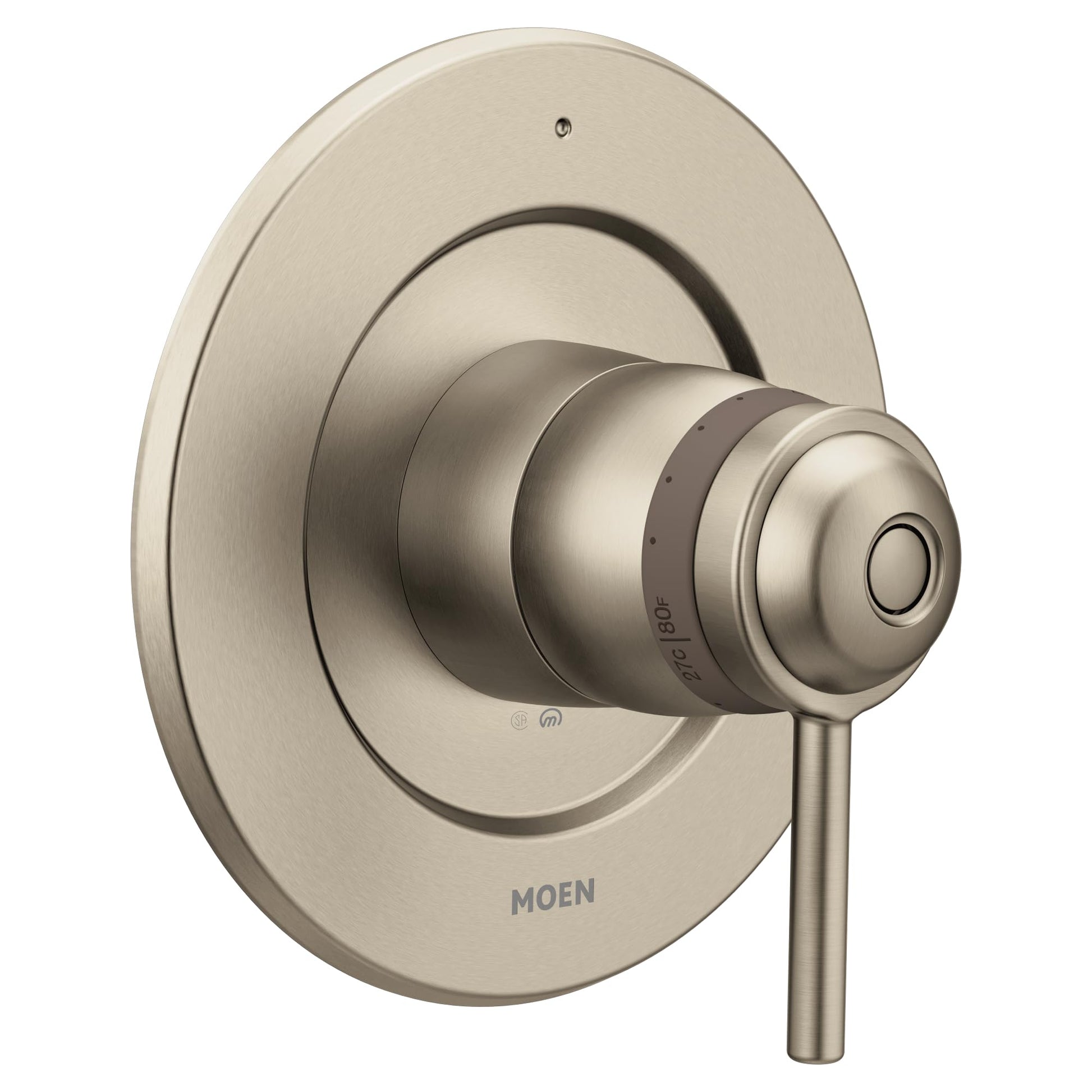 Brushed nickel thermostatic shower valve trim with round escutcheon plate and single lever handle.