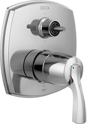 Chrome Delta Stryke diverter trim with upper control knob and lower lever handle featuring six-function capability.