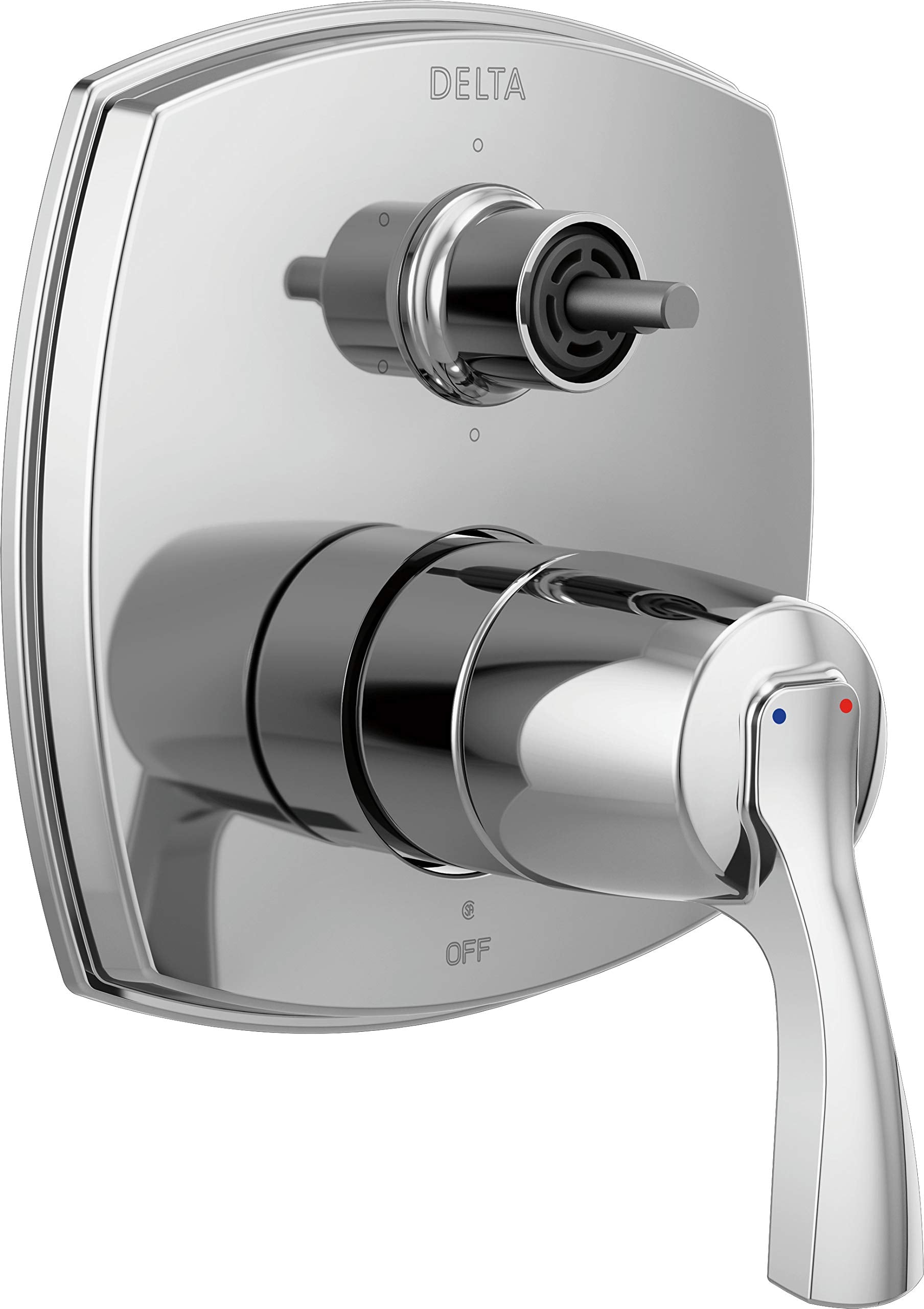 Chrome Delta Stryke diverter trim with upper control knob and lower lever handle featuring six-function capability.
