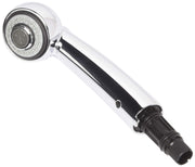 Chrome pull-out wand assembly with white and black handle and round showerhead with perforated spray pattern.