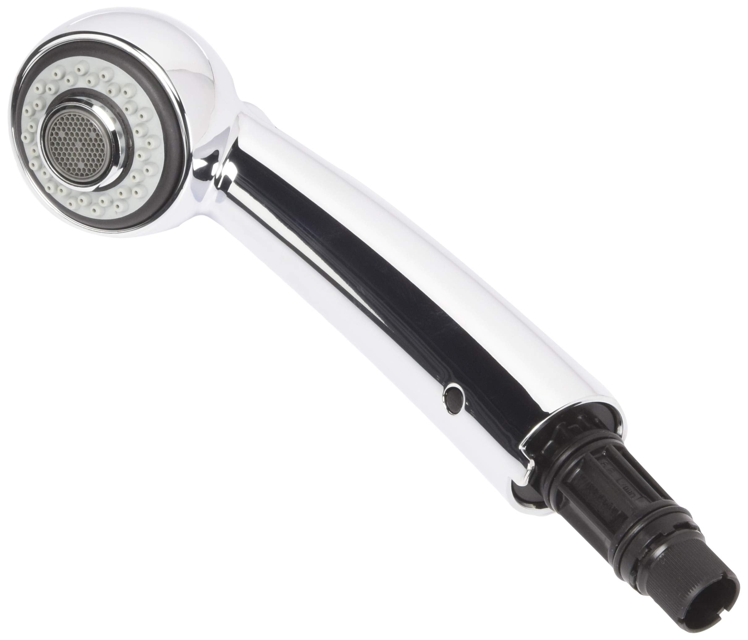 Chrome pull-out wand assembly with white and black handle and round showerhead with perforated spray pattern.