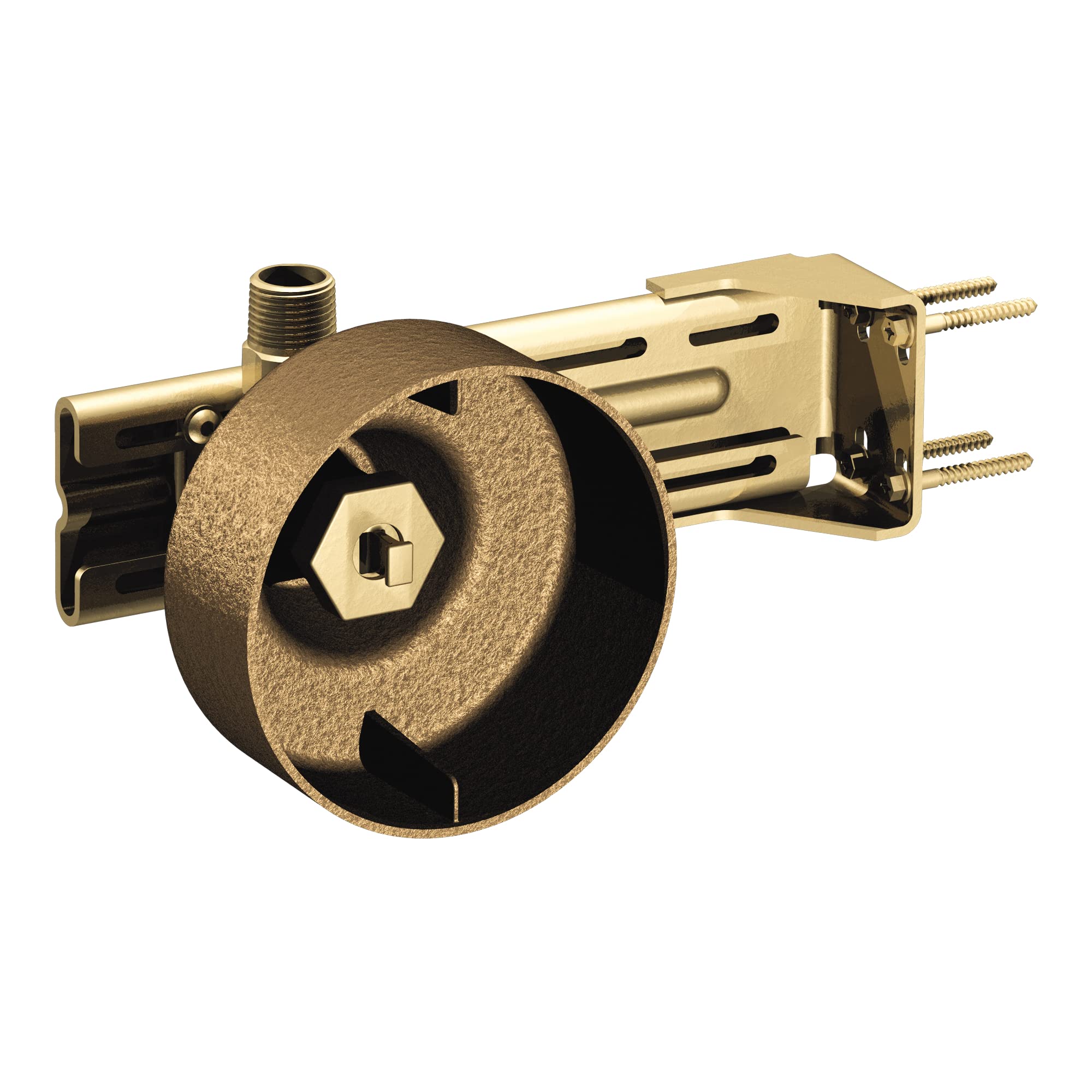 Brass body spray rough-in valve with circular escutcheon, mounting bracket, and threaded inlet connection.