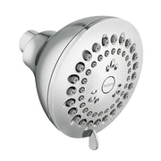 Chrome shower head with multiple spray jets arranged in circular pattern and control lever below.
