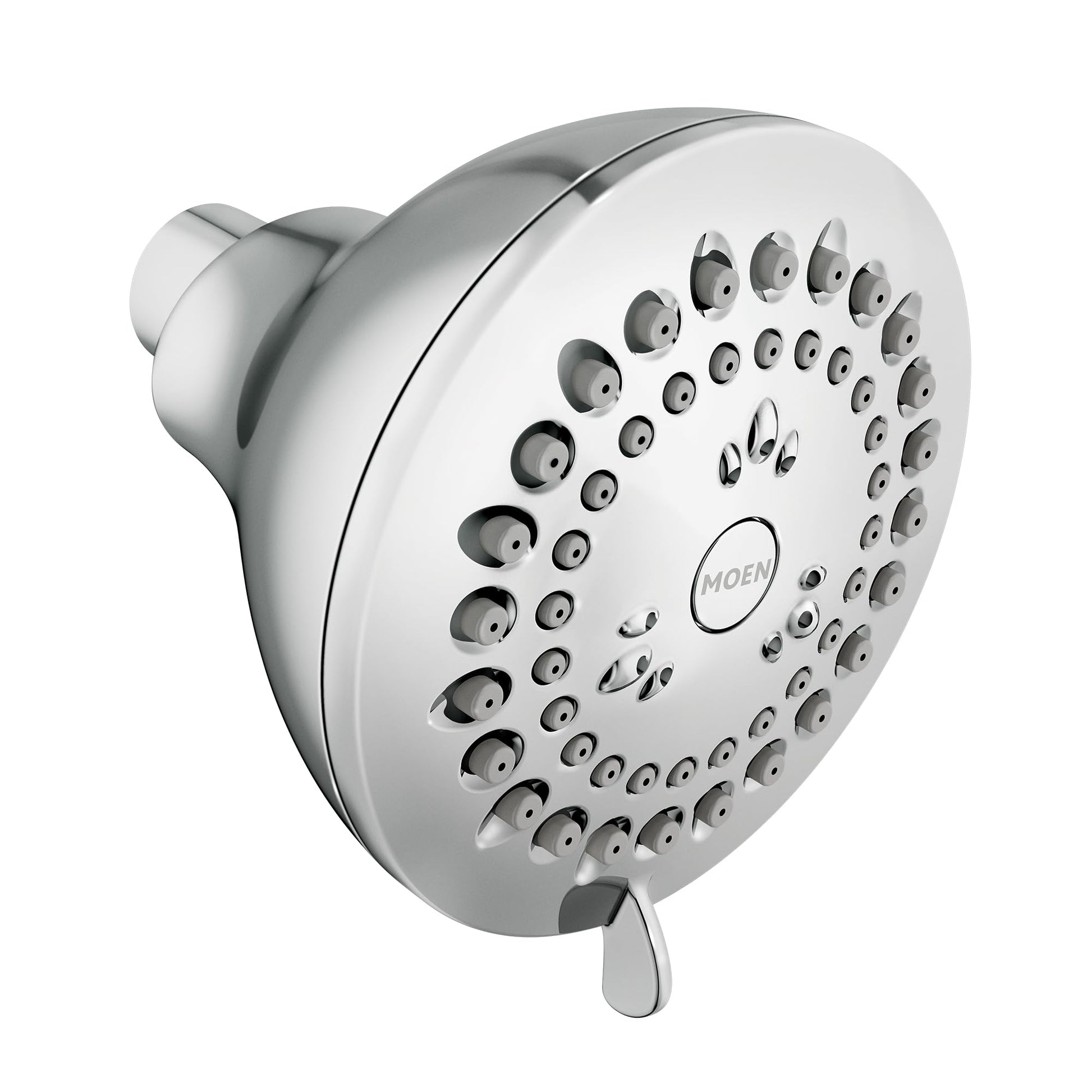 Chrome shower head with multiple spray jets arranged in circular pattern and control lever below.