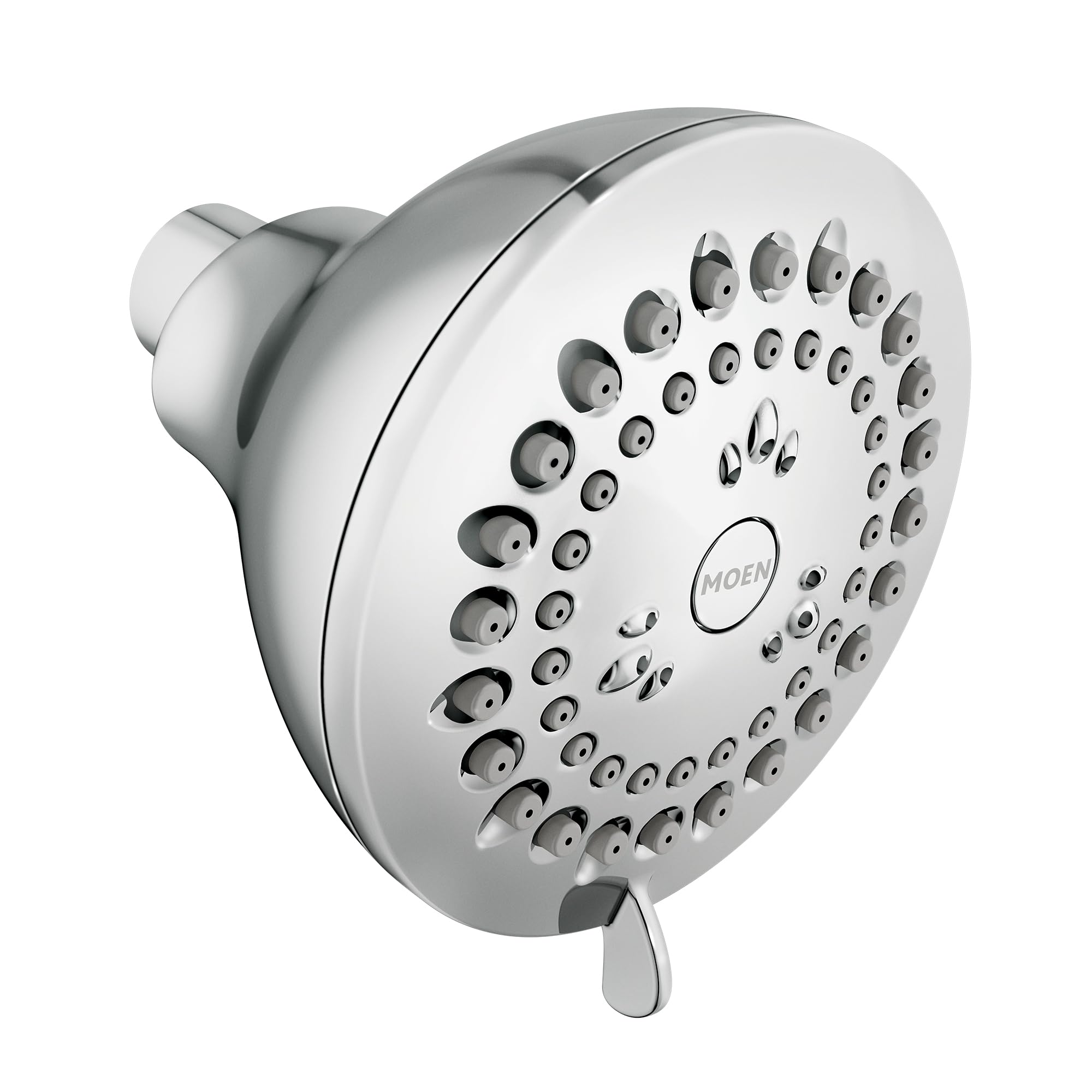 Chrome shower head with multiple spray jets arranged in circular pattern and control lever below.