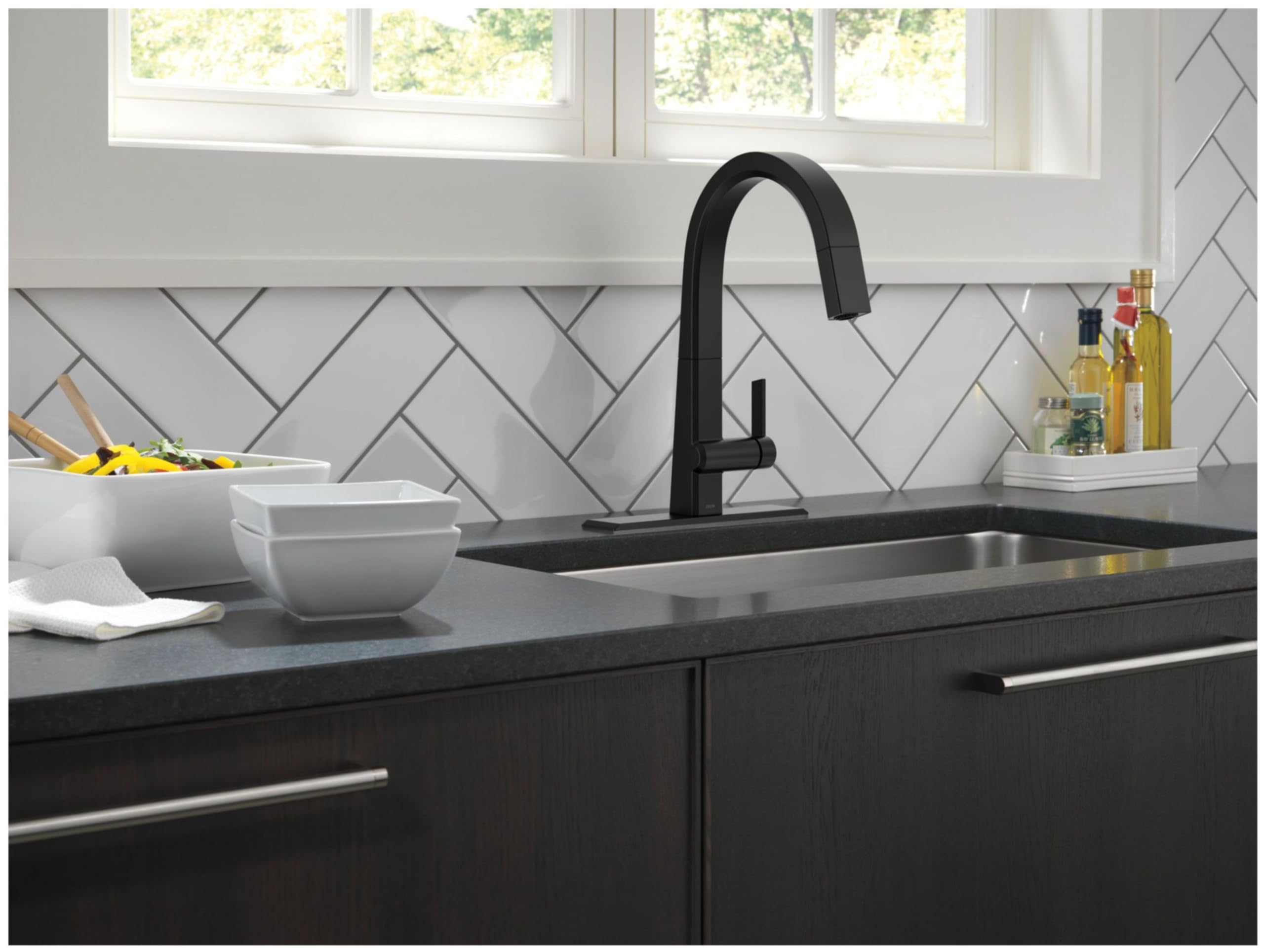 Chrome finish escutcheon ring with gasket studs and mounting hardware for 8-inch faucet installation.