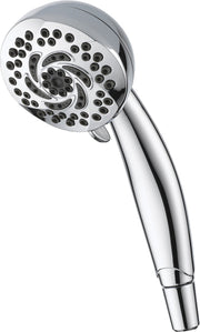 Chrome hand shower with swirl-patterned head and multiple spray nozzles connected to cylindrical handle.