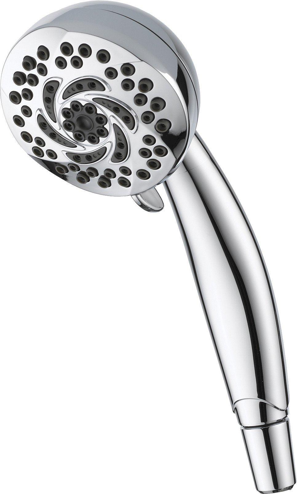 Chrome hand shower with swirl-patterned head and multiple spray nozzles connected to cylindrical handle.