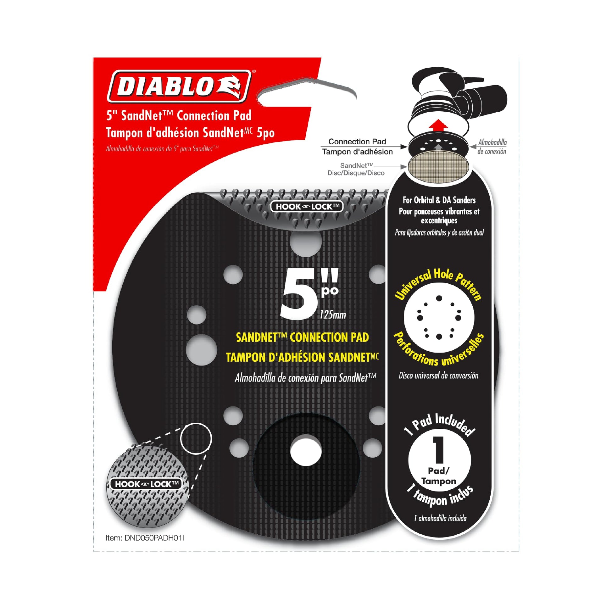 Black 5-inch round sanding pad with hook-and-loop backing and multiple evenly spaced holes for orbital sanders.