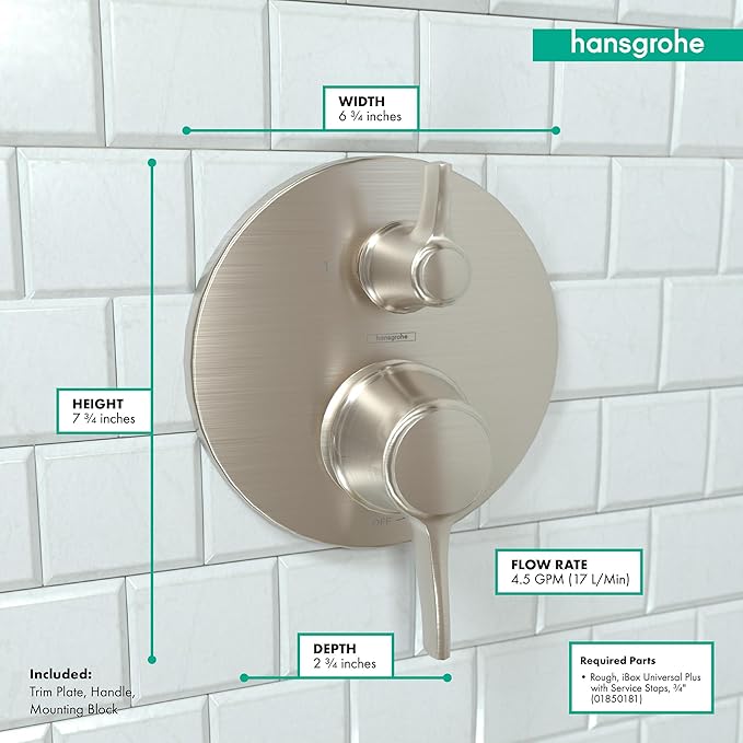 Brushed nickel round pressure balance trim with diverter mounted on white subway tile, measuring 6¾ inches wide and 7¾ inches