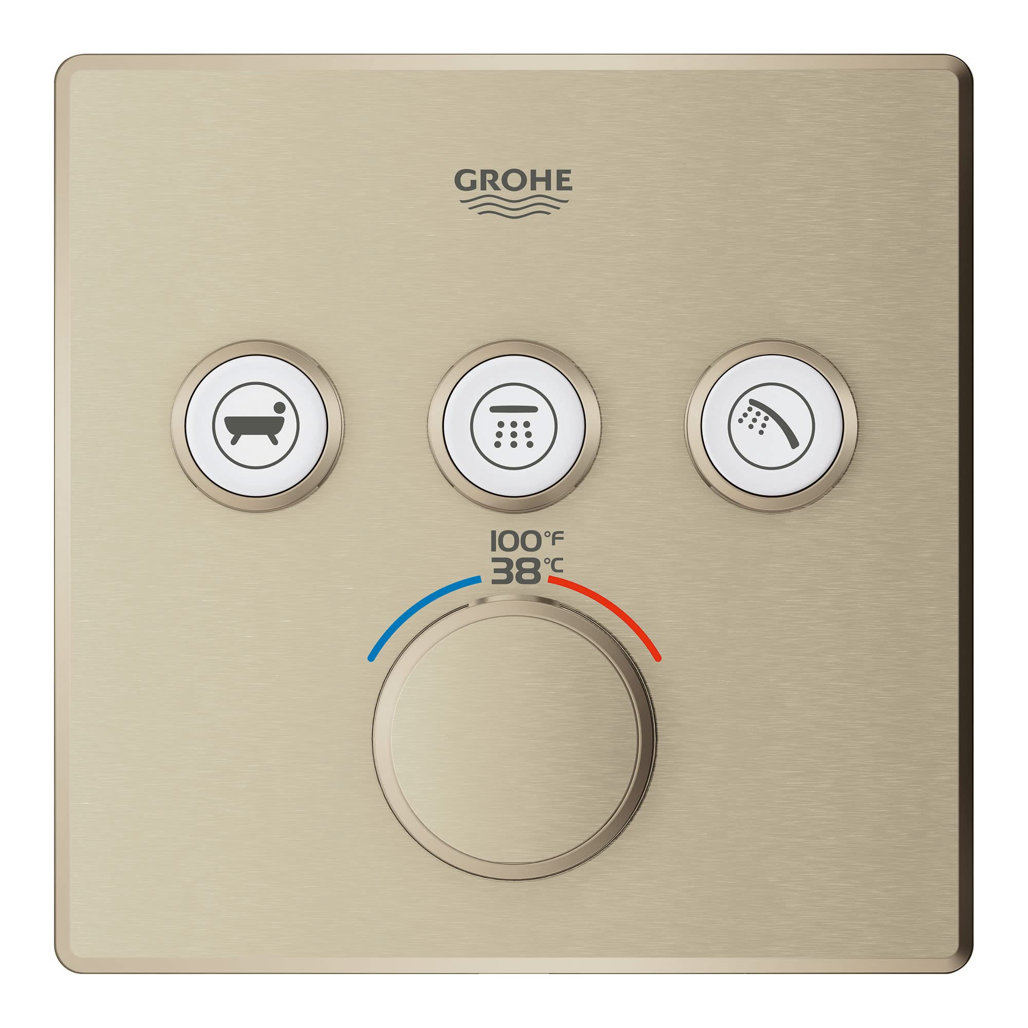 Brushed nickel thermostatic valve trim with three function buttons and central temperature dial displaying 100°F/38°C range.