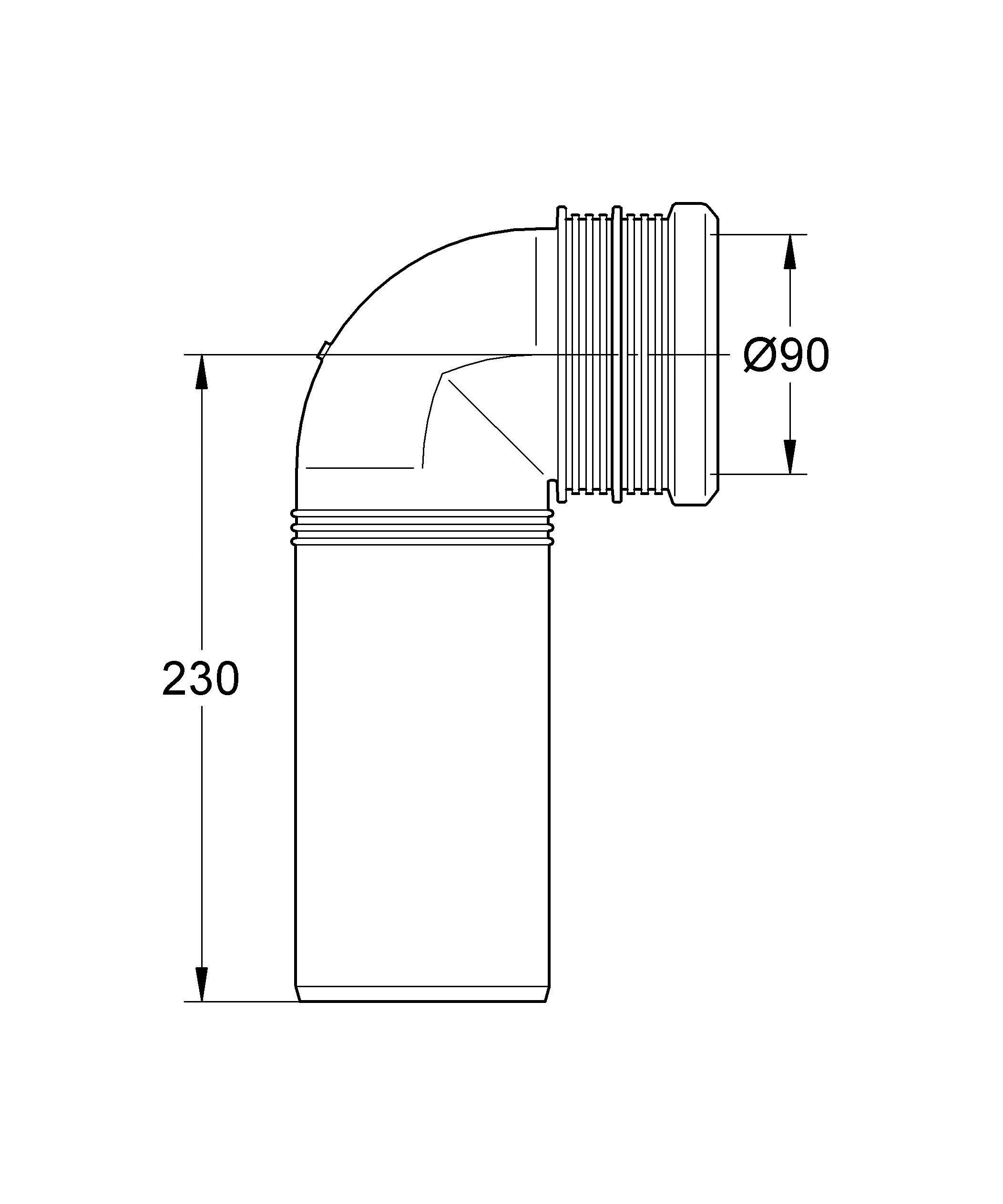 Grohe chrome PP-outlet elbow connector with 90mm diameter and threaded fitting, shown in technical diagram with dimensions.