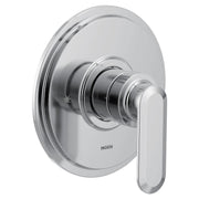 Chrome tub and shower trim with circular escutcheon plate and lever handle.