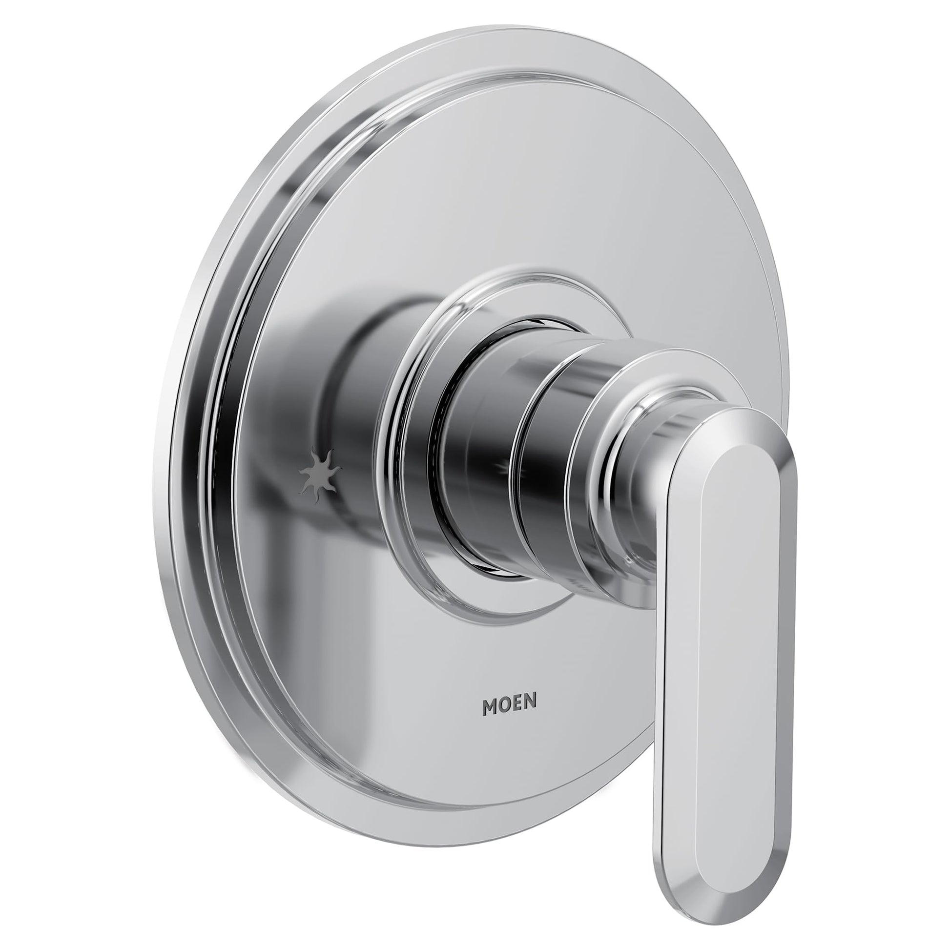 Chrome tub and shower trim with circular escutcheon plate and lever handle.