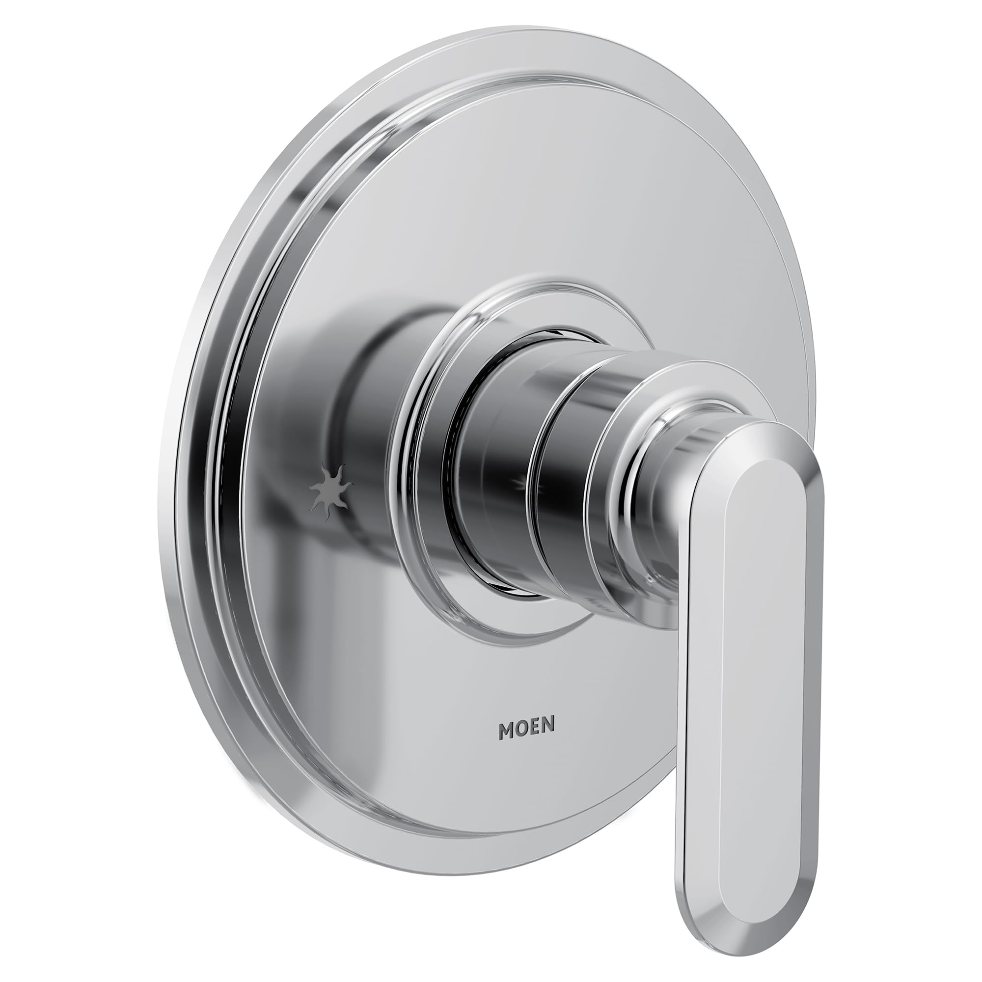 Chrome tub and shower trim with circular escutcheon plate and lever handle.
