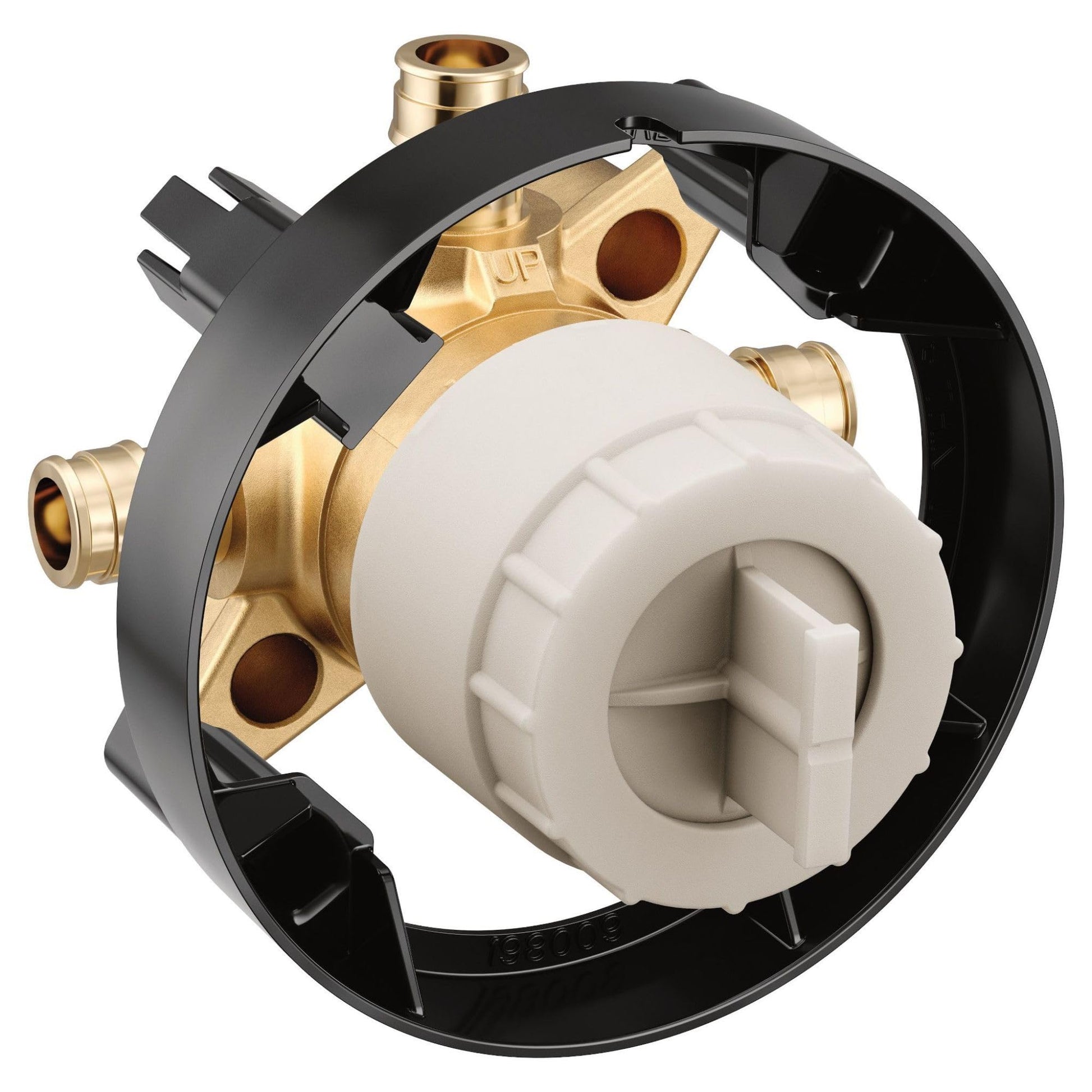 Brass mixing valve with white cartridge, three PEX connection ports, and black mounting ring.