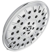 Chrome shower head with multiple black nozzles arranged in radiating pattern and center outlet, round flat face design.