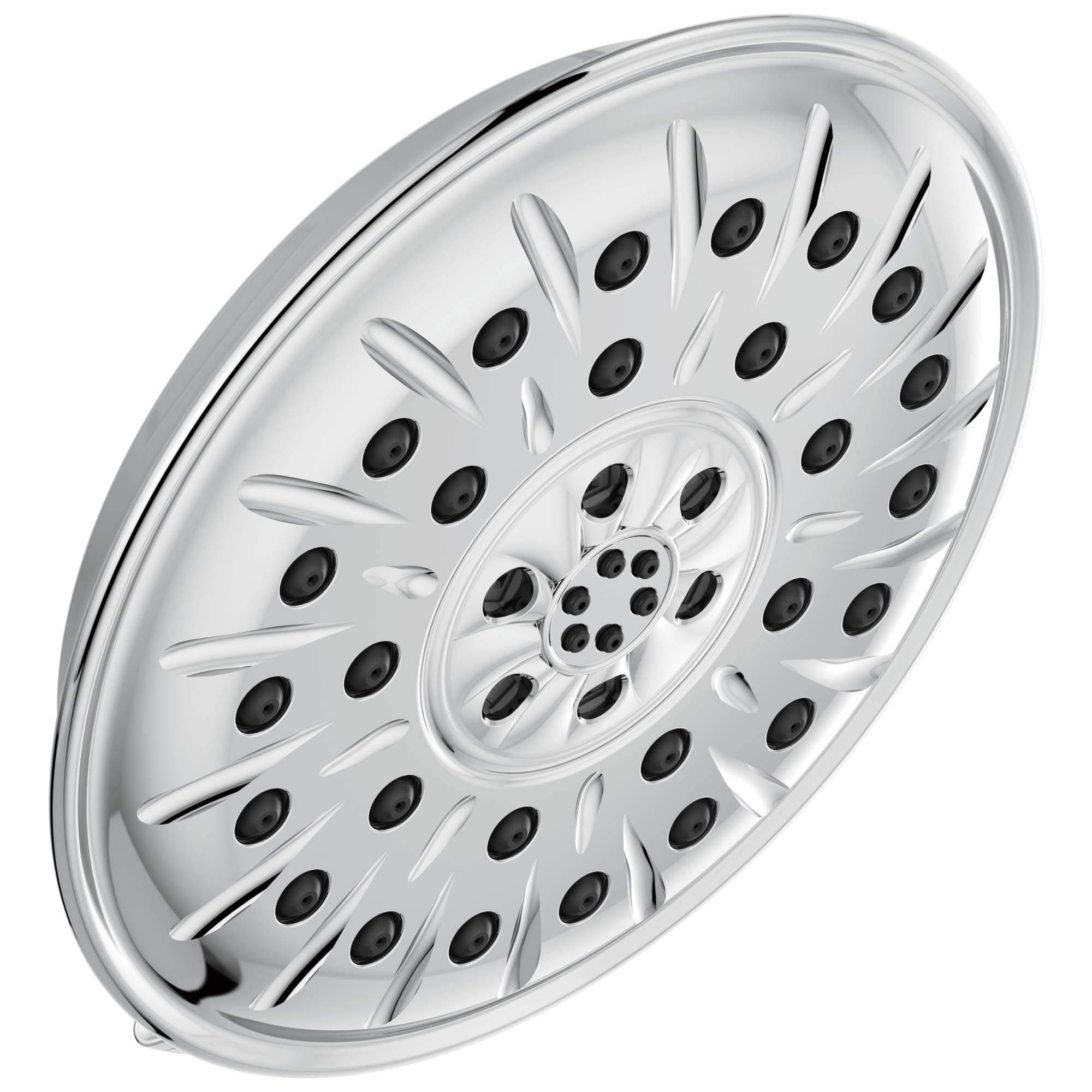 Chrome shower head with multiple black nozzles arranged in radiating pattern and center outlet, round flat face design.