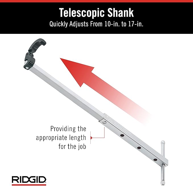 RIDGID adjustable basin pipe wrench with telescopic shank extending from 10 to 17 inches and fold-over head.
