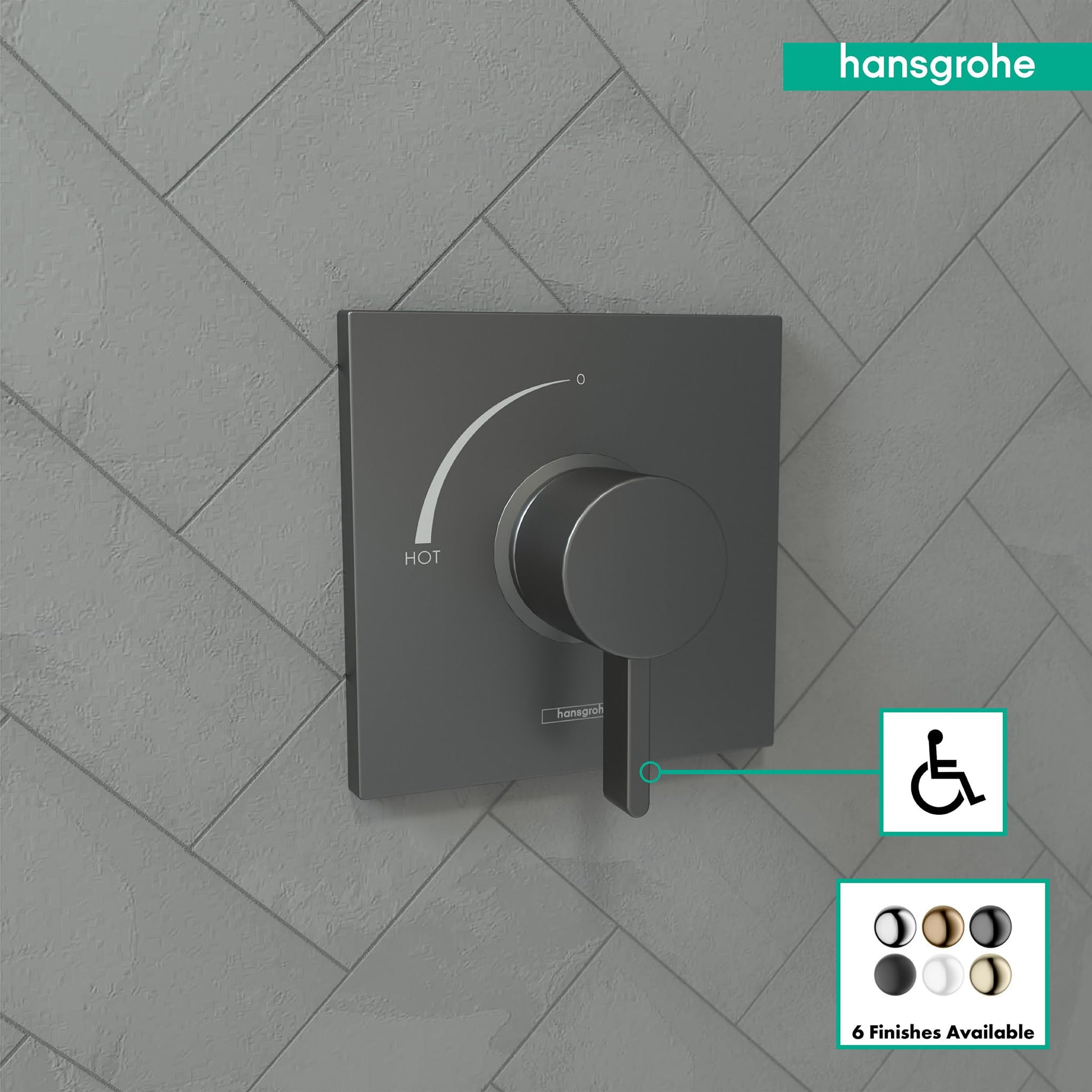 Brushed black chrome square shower valve trim with circular handle and temperature control indicator on herringbone tile back