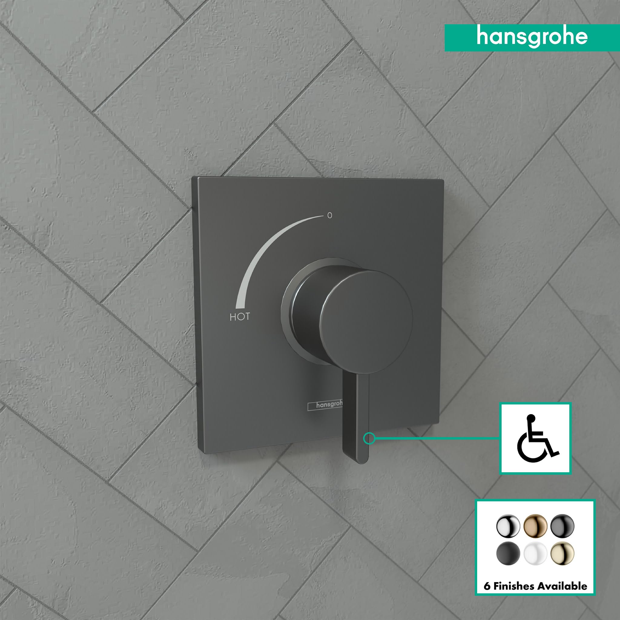 Brushed black chrome square shower valve trim with circular handle and temperature control indicator on herringbone tile back