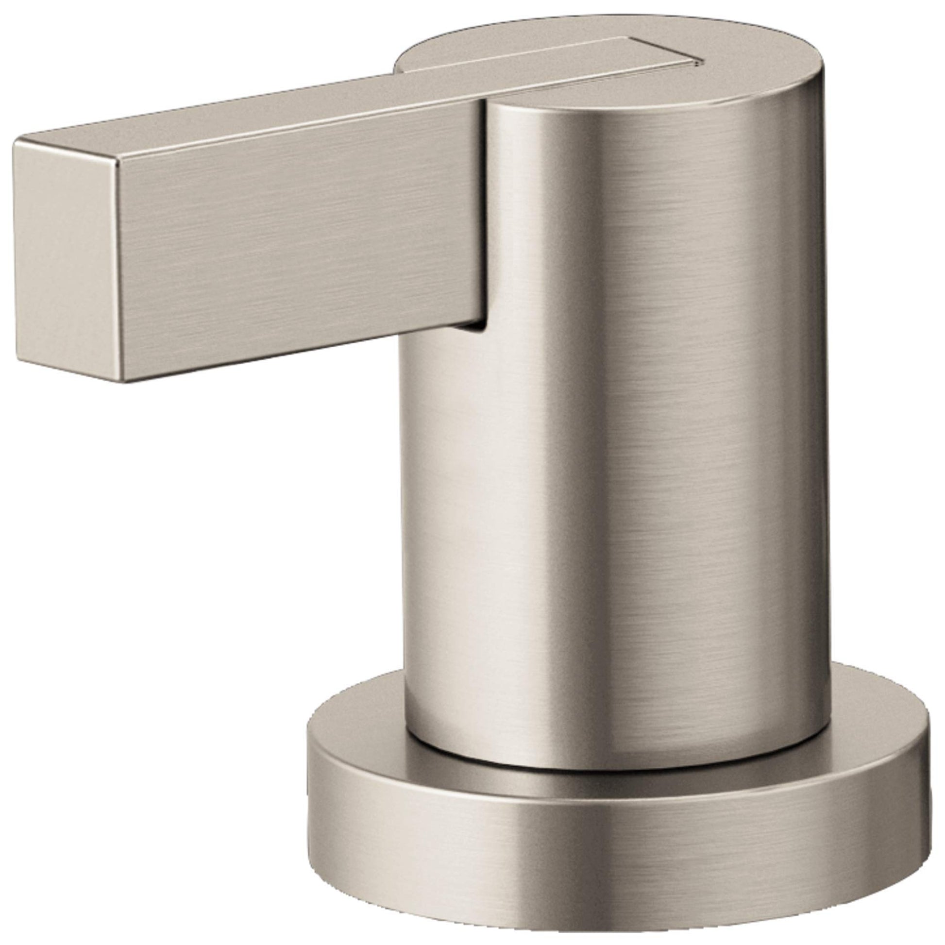Brushed nickel lever handle with cylindrical body and rectangular base on round mounting plate.