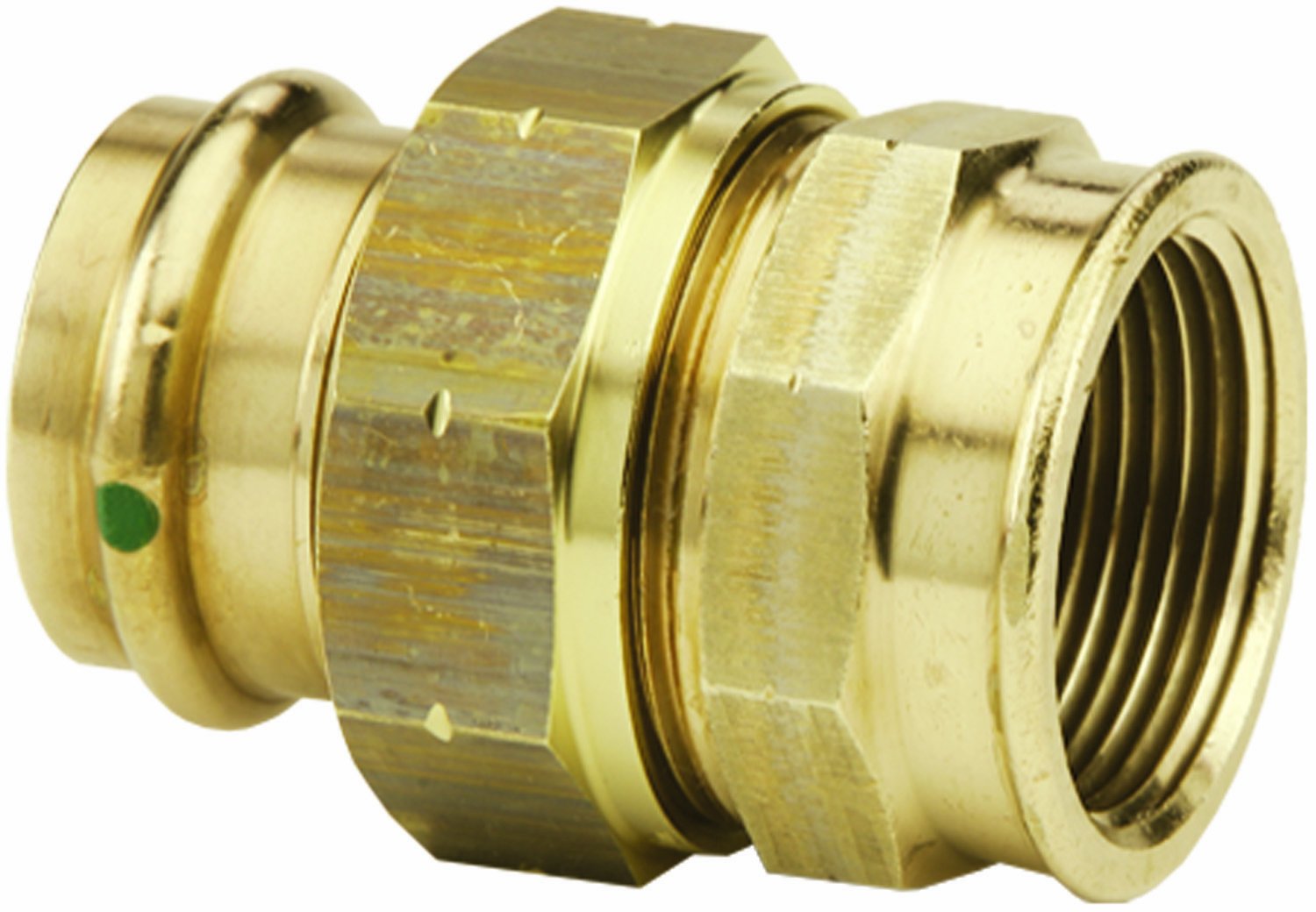 Bronze press fitting with 1-1/2" press connection on left and female threaded connection on right.