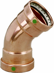 Copper 45-degree elbow fitting with press-connect ends and green indicator dots.