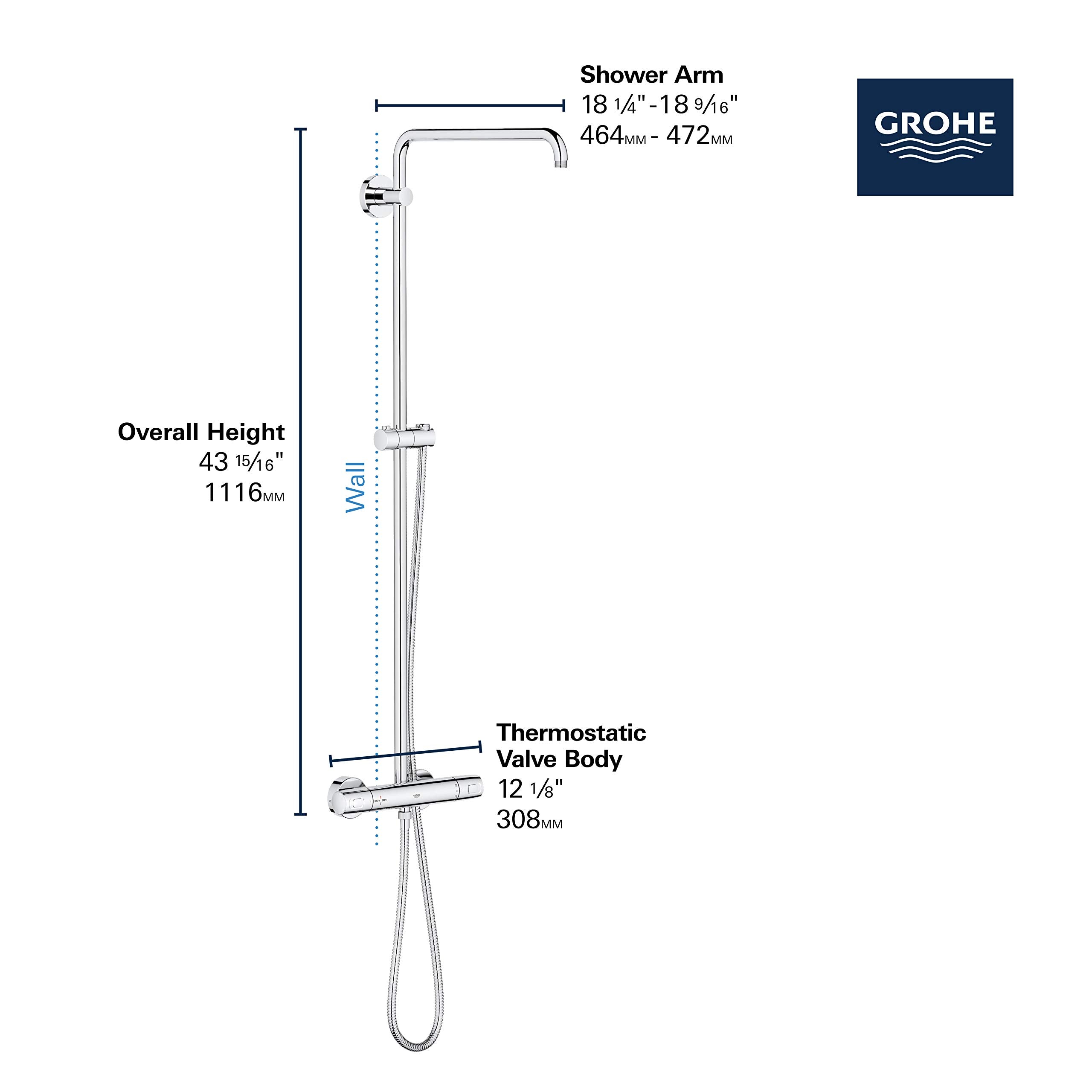 Chrome thermostatic shower system with wall-mounted valve body, vertical pipe, curved shower arm, and handheld showerhead.
