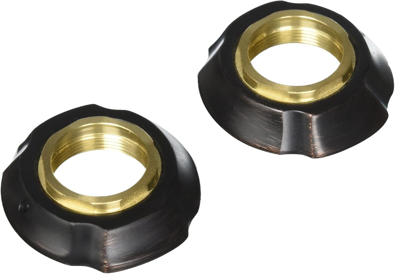 Two Venetian bronze flange assemblies with brass-colored threaded centers and dark metallic finish.