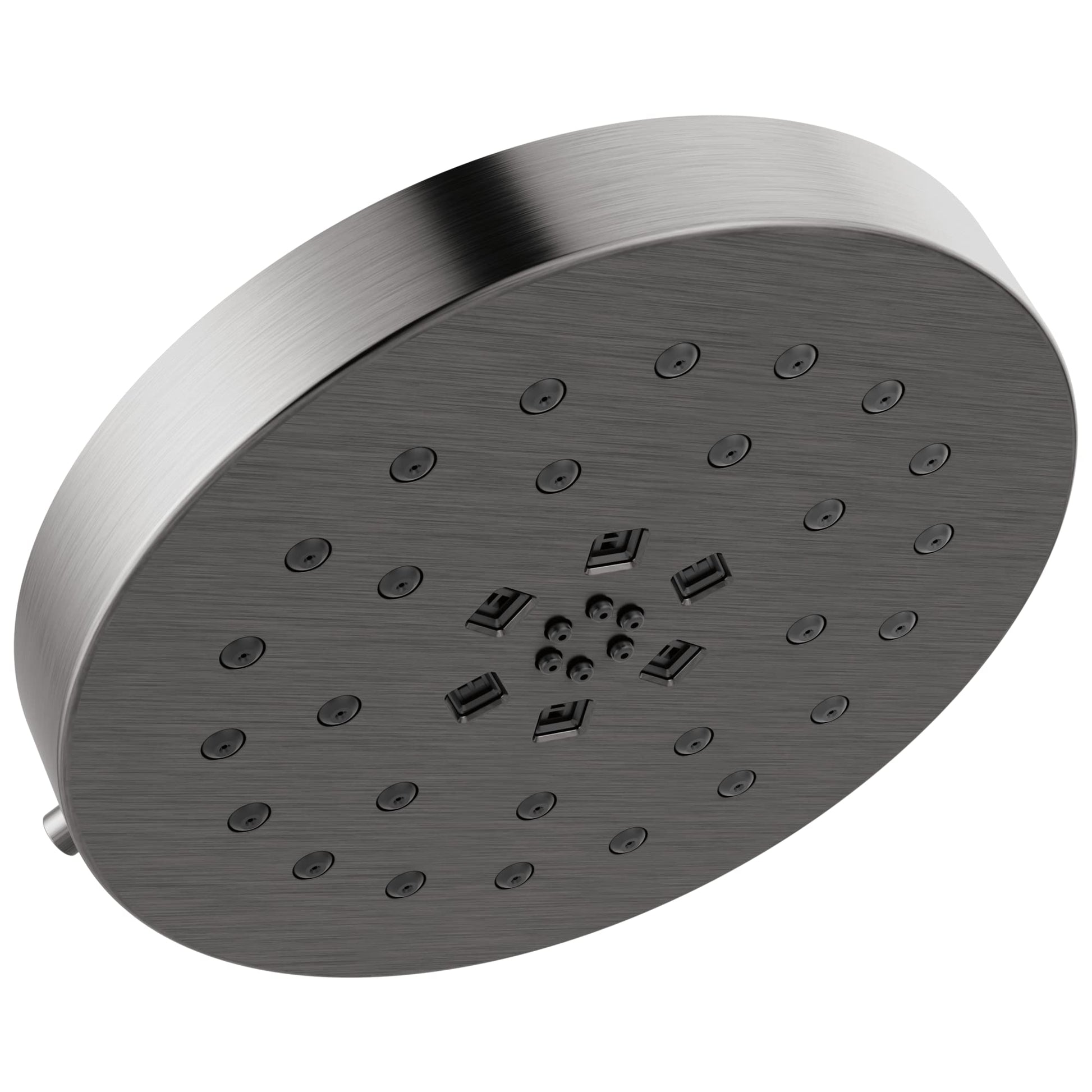 Chrome shower head with brushed finish, round face with multiple spray jets arranged in pattern, curved arm extending from si