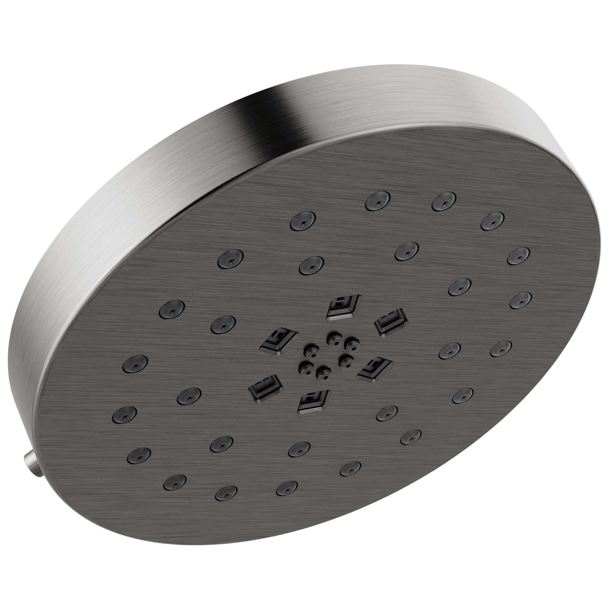 Chrome shower head with brushed finish, round face with multiple spray jets arranged in pattern, curved arm extending from si