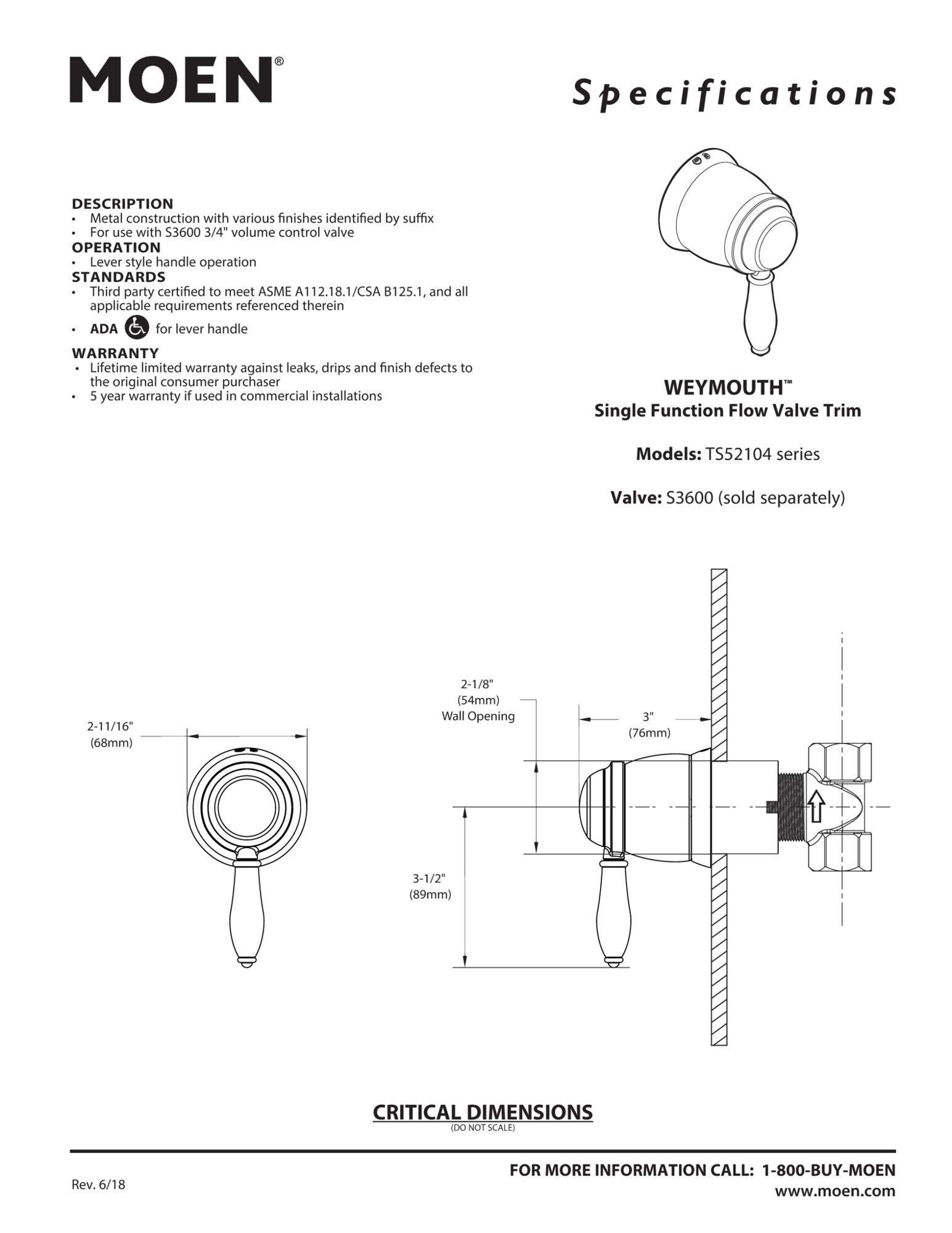 Moen Weymouth polished nickel volume control trim with lever handle and round escutcheon plate.