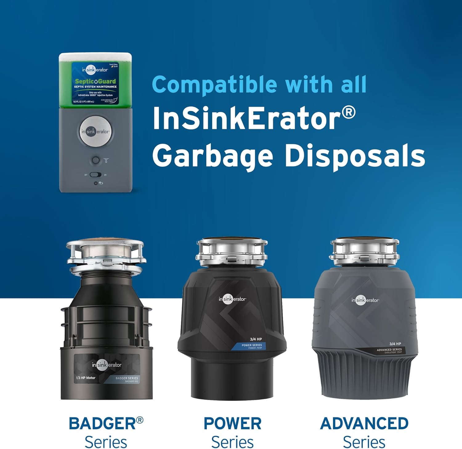 White and green Septic Guard refill cartridge with gray housing and InSinkErator branding on blue background.