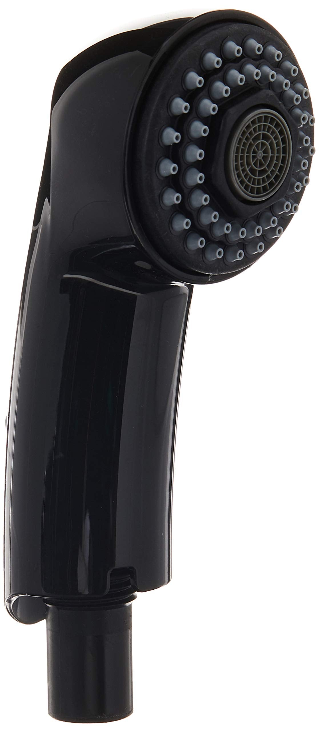 Black pull-out spray head with multiple nozzles and circular spray pattern face, mounted on angled handle.