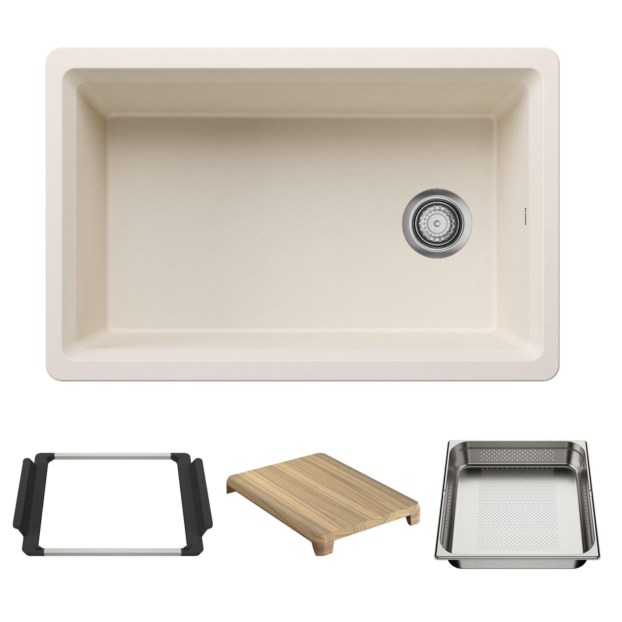 Soft white single-basin kitchen sink with drain strainer, shown with optional accessories including mounting frame, wood cutt