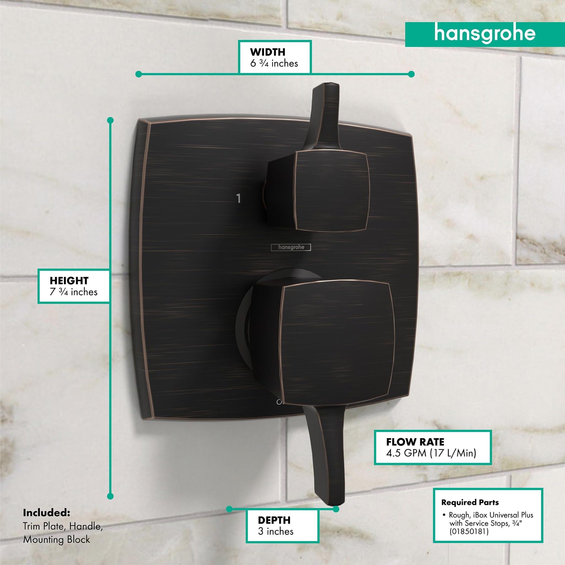 Rubbed bronze square pressure balance trim with diverter, two handles, and dimensions of 6¾ inches wide by 7¾ inches tall.