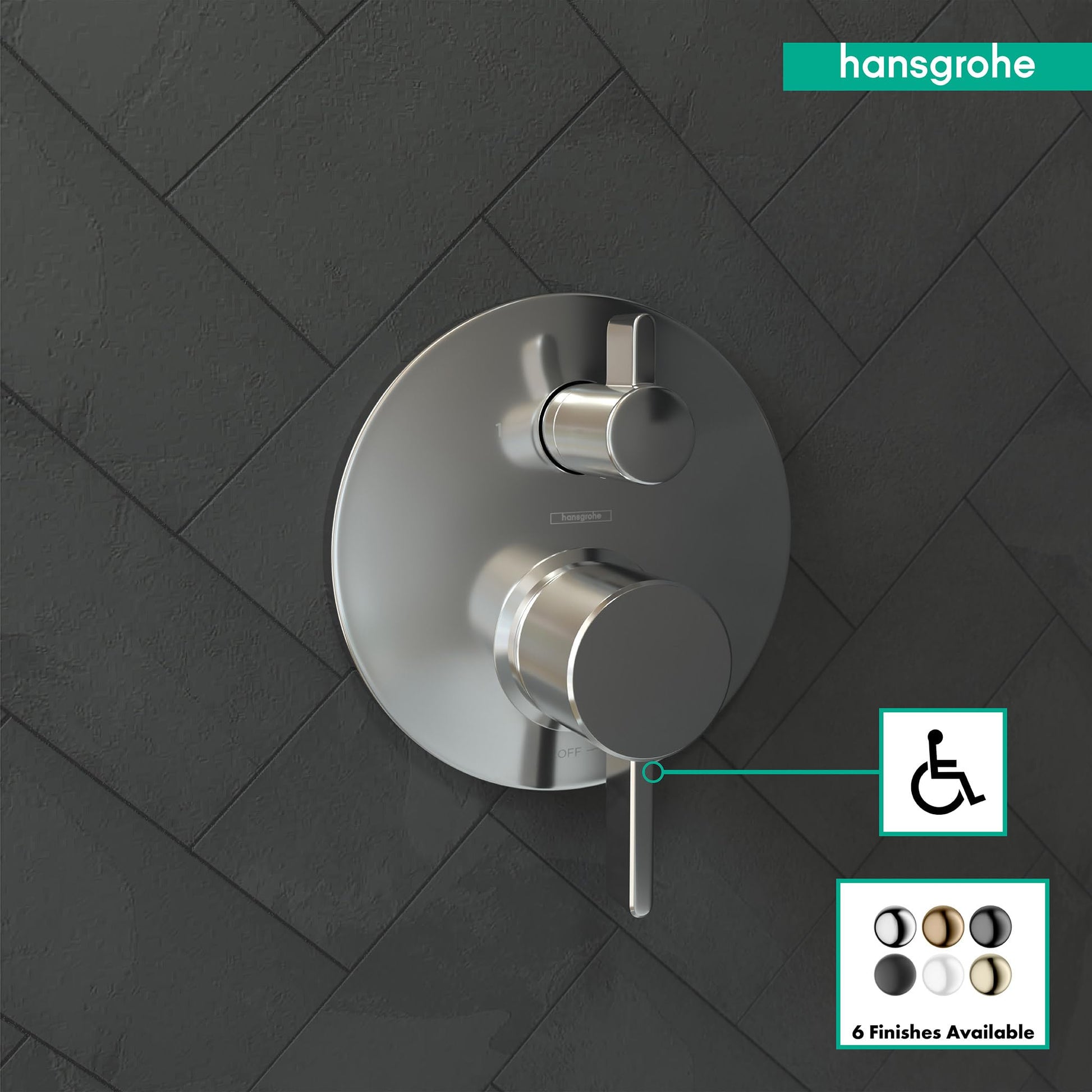Chrome pressure balance valve trim with circular escutcheon, dual handles, and diverter mounted on dark tile wall.