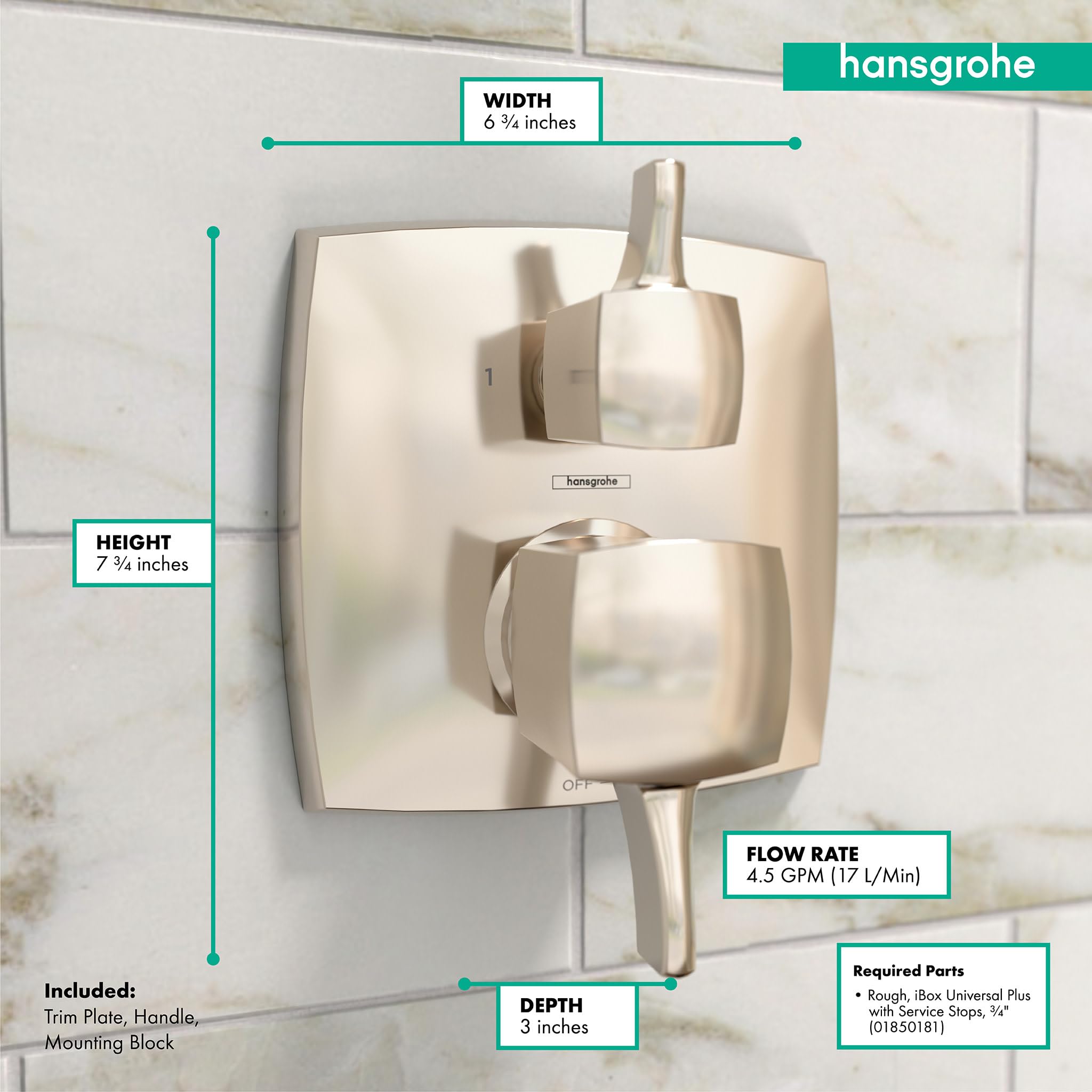 Polished nickel square pressure balance shower trim with single handle and diverter control, 6¾ inches wide by 7¾ inches tall