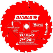 Red circular saw blade with 24 teeth, center hole, and white Diablo branding and specifications printed on surface.