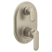 Brushed nickel shower valve trim with two handles and oval escutcheon plate.