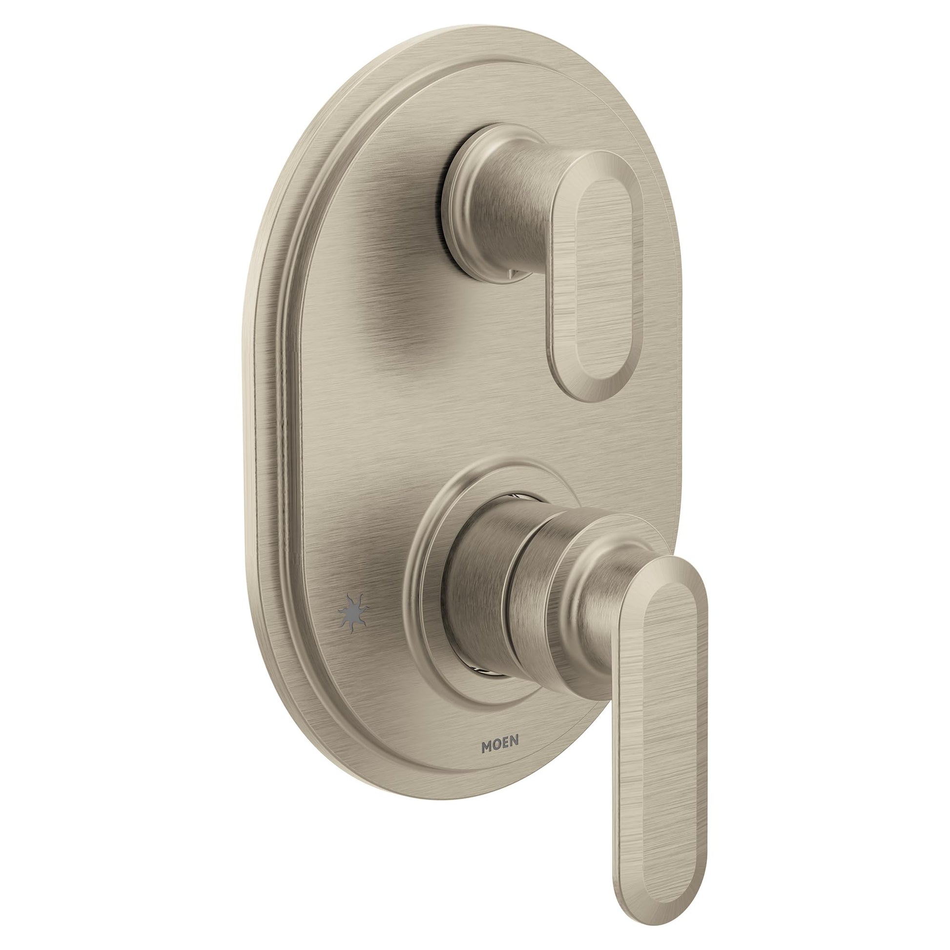 Brushed nickel shower valve trim with two handles and oval escutcheon plate.