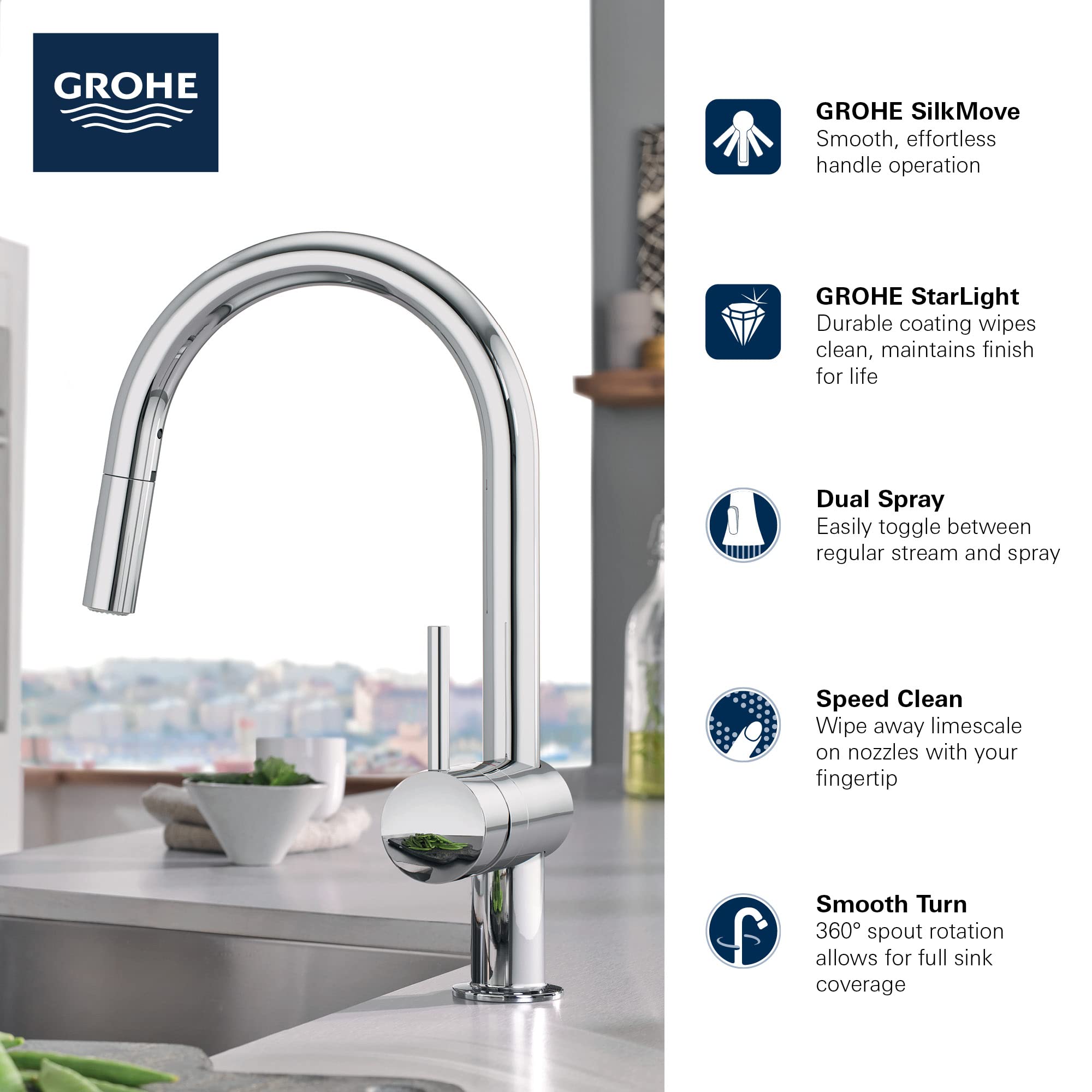 Grohe Minta single-handle pull-down kitchen faucet with curved spout in brushed chrome finish on kitchen counter.